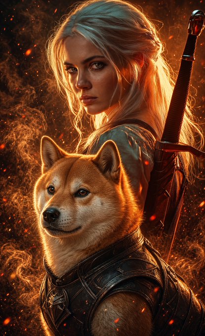 A fantasy-style digital artwork featuring a blonde warrior woman with a sword standing behind a Shiba Inu dog wearing armor.