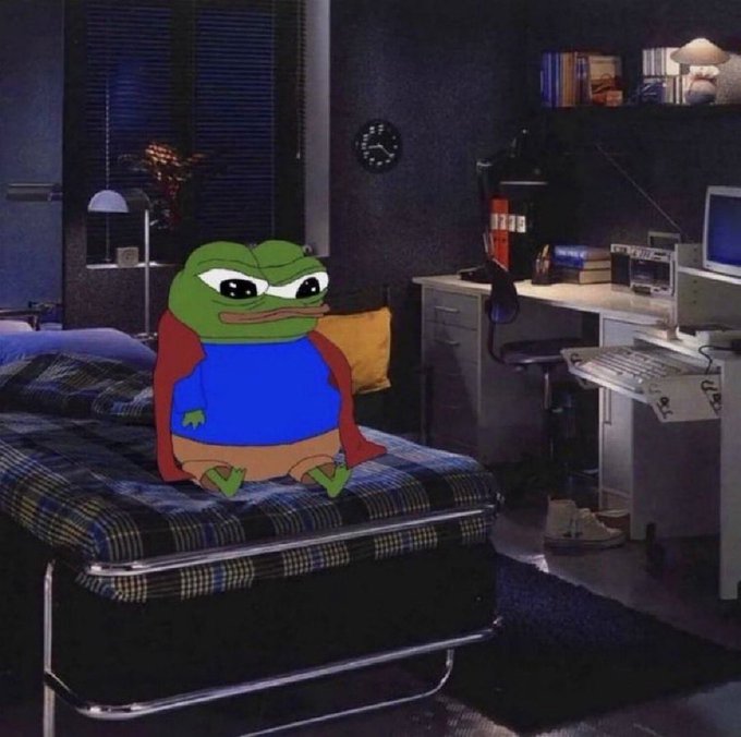 This meme image depicts Pepe the Frog, a controversial symbol associated with certain internet subcultures, staged in Morty's bedroom from "Rick and Morty". Its caption, "Gm gm famz", slang for "Good Morning" and "family", coupled with the misuse of Pepe, likely aims to joke about internet culture or trolling. "Gm" slang is predominantly used in cryptocurrency communities. The meme misuses reference from a popular TV show.