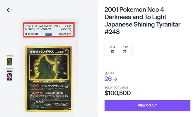 The image shows a PSA 10 graded 2001 Japanese Pokémon Neo 4 Darkness and To Light Shining Tyranitar #248 that recently sold for $100,500 on October 1, 2026, marking the first-ever $100k sale for the card after nearly doubling in value from its $52,000 sale just one month prior.