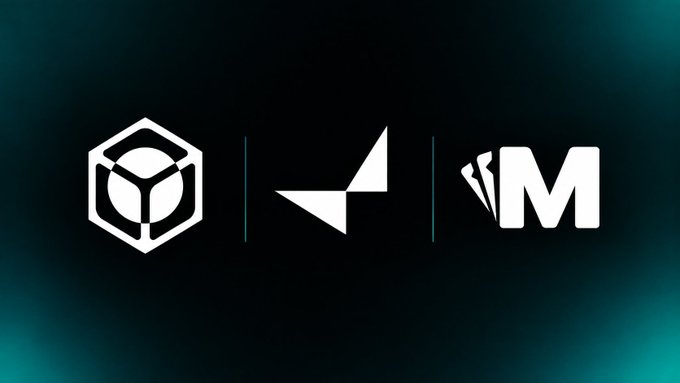 Three white logos are displayed side-by-side on a dark teal background: a hexagonal cube icon, a triangular geometric shape, and the letter 'M'.