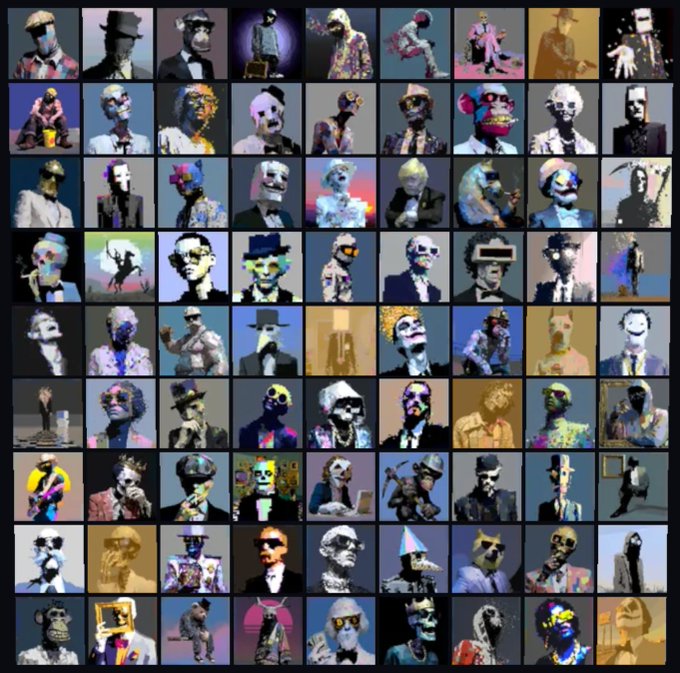 A grid of approximately 80 colorful, stylized digital portraits featuring various characters with sunglasses, hats, and abstract designs.