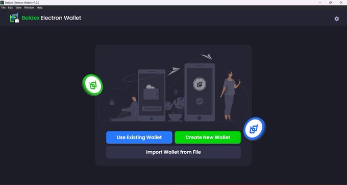 The Beldex Electron Wallet v2.0.0 welcome screen on a Windows PC, offering options to 'Use Existing Wallet,' 'Create New Wallet,' or 'Import Wallet from File.'