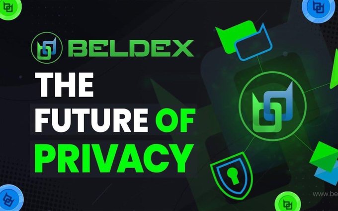 Promotional graphic for BELDEX with the tagline 'THE FUTURE OF PRIVACY', featuring green and blue digital icons including shields and folders on a dark background.