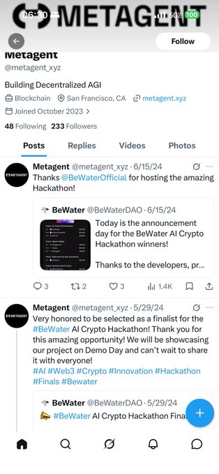 A screenshot of the Metagent (@metagent_xyz) X profile page, showing the bio "Building Decentralized AGI," 233 Followers, 48 Following, and posts about being selected as a finalist for the #BeWater AI Crypto Hackathon on 5/29/24. The image appears unrelated to the accompanying post's commentary about investor complaints and web3 funding disputes.
