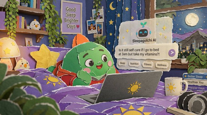 An illustrated green dinosaur-like character named 'Sleepagotchi AI' lounges in bed with a laptop and coffee mug, interacting with a chat interface that reads 'Is it still self care if I go to bed at 3am but take my vitamins?!' with options for Sleep, Nutrition, Fitness, and Wellness.