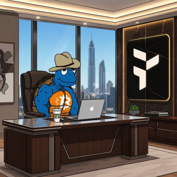 The image features an office scene with a cartoon turtle sitting at a desk, wearing a hat and holding a coffee cup while using a laptop computer. The turtle appears to be dressed as a pirate or a character from another era. In front of the turtle is a sign that reads "gTria fellow degenerate it's a beautiful day to long coins on @usetria join me!". This post seems to be promoting an event or gathering related to cryptocurrency, possibly a meetup for Bitcoin enthusiasts.
