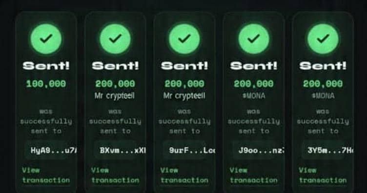 Five digital confirmation cards displayed on a dark screen, each showing a green checkmark, "Sent!", and amounts of cryptocurrency (100,000 WOS, 200,000 WOS, and 200,000 MONA) sent to various truncated wallet addresses.