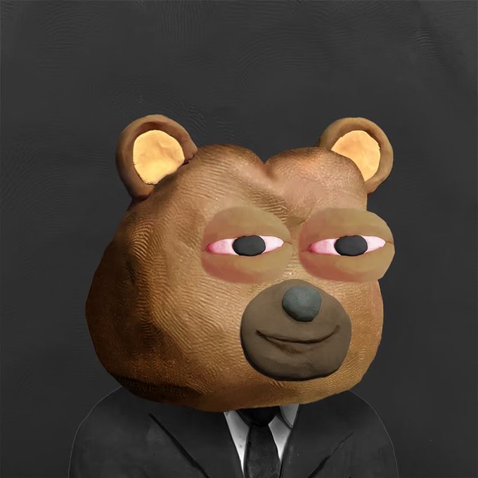 A 3D-rendered character featuring a realistic bear-like head with droopy eyes wearing a formal black suit, white collar, and black tie.
