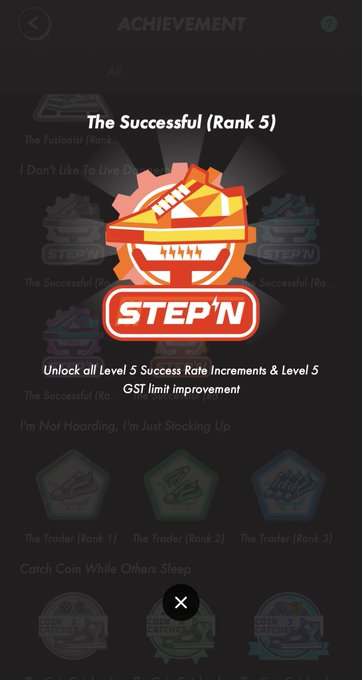 STEP'N achievement screen displaying "The Successful (Rank 5)" badge with description about unlocking Level 5 Success Rate Increments and GST limit improvements.