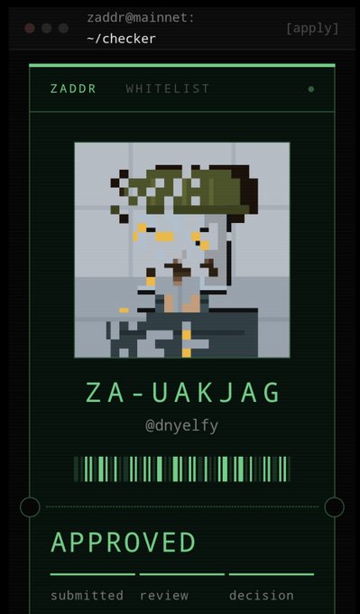 A pixelated portrait card labeled "ZA-UAKJAG" by user @dnyelfy displays an "APPROVED" status from the zaddr whitelist application, corresponding to the poster's excitement about being approved by @zaddrnet on a Sunday morning.