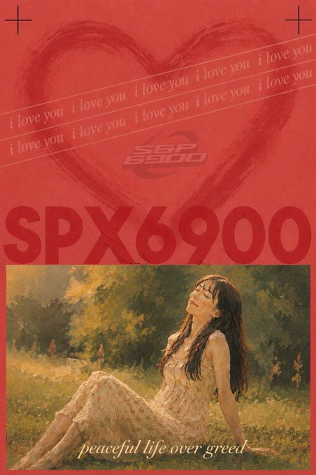 A red-toned graphic featuring a hand-drawn heart, repeated 'i love you' text, the 'SPX 6900' logo, and a classical painting of a woman in a field with the phrase 'peaceful life over greed'.