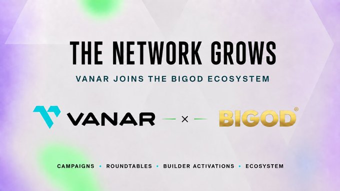 The image is an announcement graphic with the headline "THE NETWORK GROWS" and subheading "VANAR JOINS THE BIGOD ECOSYSTEM," featuring the Vanar and BIGOD logos side by side with an "×" between them, tagged with categories "CAMPAIGNS • ROUNDTABLES • BUILDER ACTIVATIONS • ECOSYSTEM." It visually reinforces the post's message about a strategic partnership between Vanar and BIGOD ($BIGODToken), highlighting the collaboration between the two blockchain ecosystems.