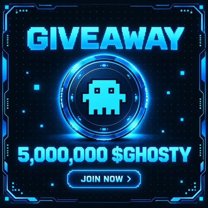 A neon blue, pixel-art style graphic announces a "GIVEAWAY" of "5,000,000 $GHOSTY" tokens, featuring a retro arcade ghost icon inside a glowing circular frame and a "JOIN NOW >" call-to-action button. The image visually reinforces the social media promotion by highlighting the prize amount and ticker, with the glowing ghost mascot tying directly to the $GHOSTY token mentioned in the post.