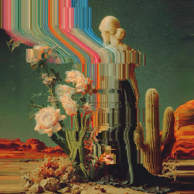 A surreal digital artwork depicting a classical female statue with blonde hair standing among white flowers and cacti in a desert landscape, with a colorful pixelated glitch effect covering the upper portion of the image.