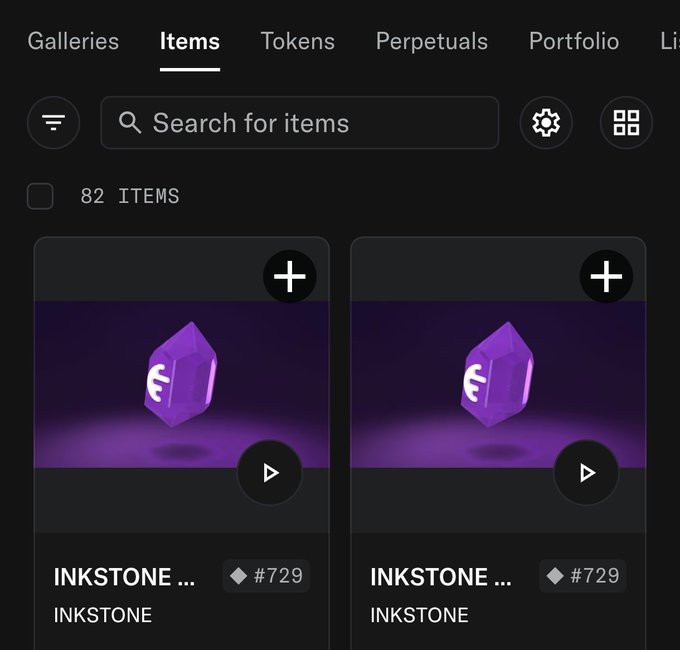 A mobile app interface displaying an 'Items' tab with a search bar and two identical purple crystal 'INKSTONE' items (#729) available for selection.