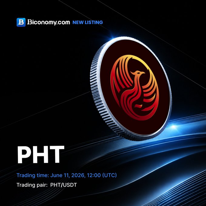 The image features a coin with a red bird design on it, which is the main focus of the poster. The background of the poster has a blue gradient effect that makes the coin stand out even more. Below the coin, there are some text elements related to trading pairs and cryptocurrency news. The post announces that @PhoenixToken0 will be listed on @BiconomyCom in June at 12:00 AM (UTC).