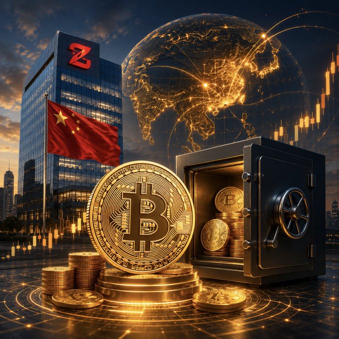 A digital artwork shows a large Bitcoin coin and a stack of Bitcoin coins next to an open safe, set against a background featuring a building with a 'Z' logo, a Chinese flag, a glowing globe, and financial charts.