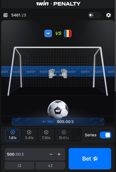 The image shows a "1WIN: PENALTY" betting game interface displaying a soccer penalty shootout scenario with $5,461.20 in the wallet and a potential win of $905.00 at a 1.81x multiplier on a $500 bet. This aligns with the post's claim of making money through a single click, as the screenshot captures a successful betting outcome from the 1Win platform.