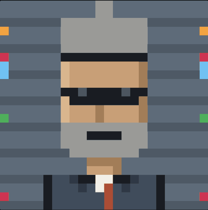 Pixel art of a character with gray hair, a black visor, and a mustache, wearing a suit with a red tie, positioned between server racks.