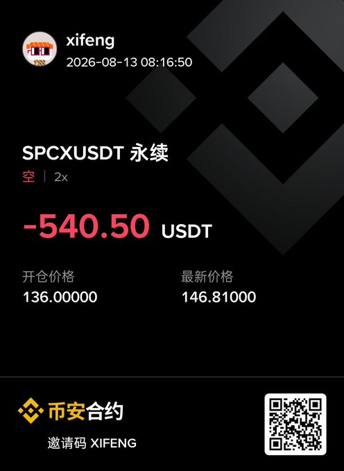 A trading interface screenshot showing a position for 'SPCXUSDT 永续' with a 2x leverage, displaying a loss of -540.50 USDT, an opening price of 136.00000, and a current price of 146.81000, attributed to user 'xifeng'.