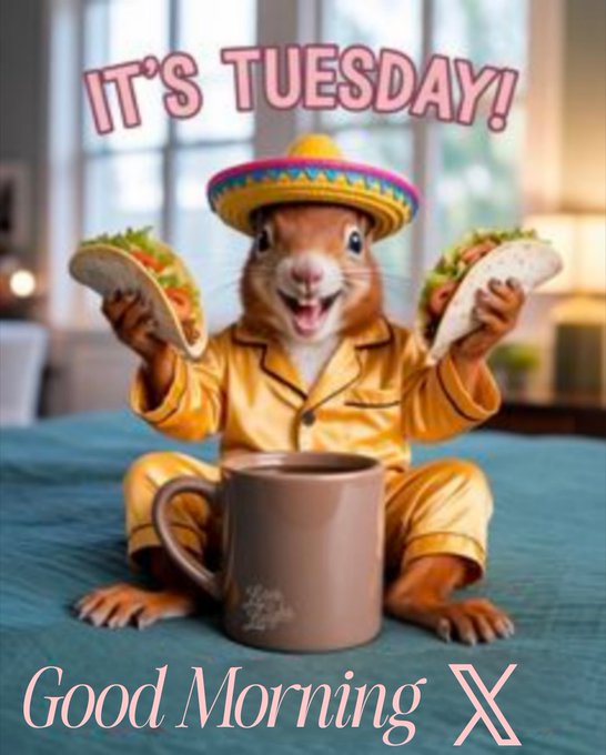 An AI-generated image of a guinea pig in yellow pajamas and a sombrero holding two tacos, with text 'IT'S TUESDAY!' and 'Good Morning X'.