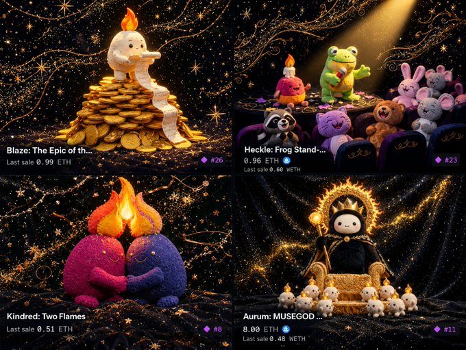 A digital marketplace displays four collectible NFT artworks against starry black backgrounds, with prices listed including "Blaze: The Epic of th... Last sale 0.99 ETH" (#26), "Heckle: Frog Stand-..." at 0.96 ETH (#23), "Kindred: Two Flames" at 0.51 ETH (#8), and "Aurum: MUSEGOD..." at 8.00 ETH (#11), showcasing the top sales ranking.