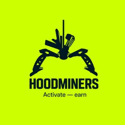 A bright yellow-green graphic for 'HOODMINERS' featuring a black silhouette logo of a hooded figure with a pickaxe, with the tagline 'Activate - earn'.