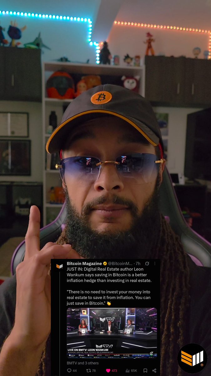 A man with a beard wearing a Bitcoin cap and sunglasses points his finger upward in a room filled with collectibles, while a tweet from Bitcoin Magazine features a quote from Leon Wankum about Bitcoin being a better investment than real estate.