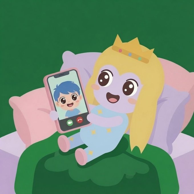 A cheerful cartoon princess with blonde hair and a gold crown sits on a green bed with pink pillows, smiling as she holds up a smartphone showing a video call with a blue-haired character on the screen. The image playfully illustrates the post's caption about queens and their "BFs" in "The Chibiverse," depicting a chibi princess happily connected to her companion via phone.