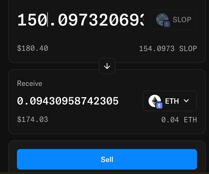 A cryptocurrency exchange interface showing a swap of 154.0973 SLOP tokens ($180.40) for 0.04 ETH ($174.03) with a Sell button.
