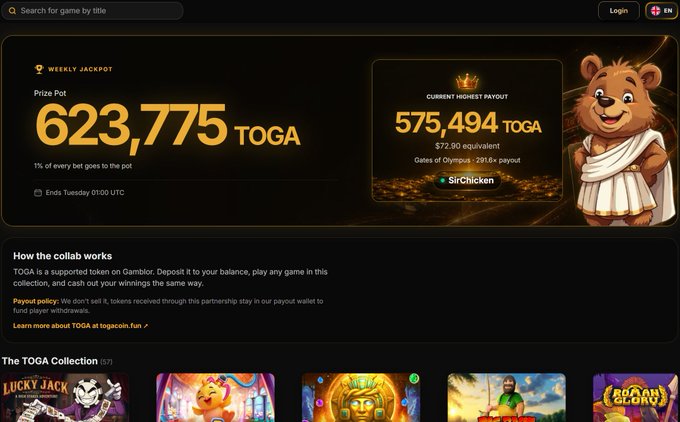 A screenshot of the Gamblr website showing a 'Weekly Jackpot' prize pot of 623,775 TOGA and a 'Current Highest Payout' of 575,494 TOGA won by SirChicken, alongside the TOGA Collection of slot games.