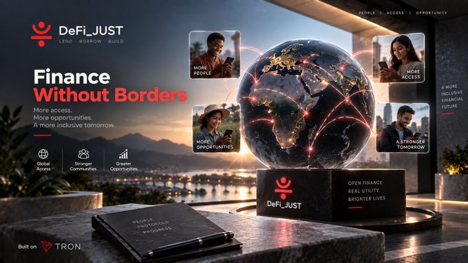 DeFi_JUST promotional banner with the tagline 'Finance Without Borders' featuring a glowing globe and four portrait cards, built on TRON.