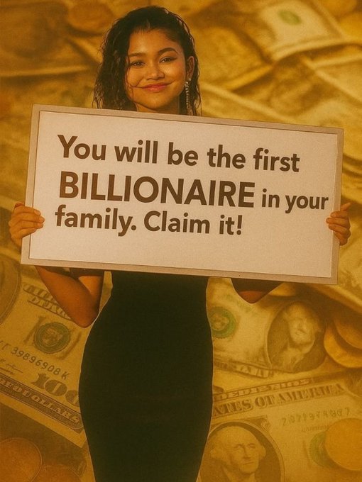 The image features a young woman standing against a background of money, holding up a sign that reads "You will be the first Billionaire in your family. Claim it!". The woman appears to be smiling as she poses for the photo.