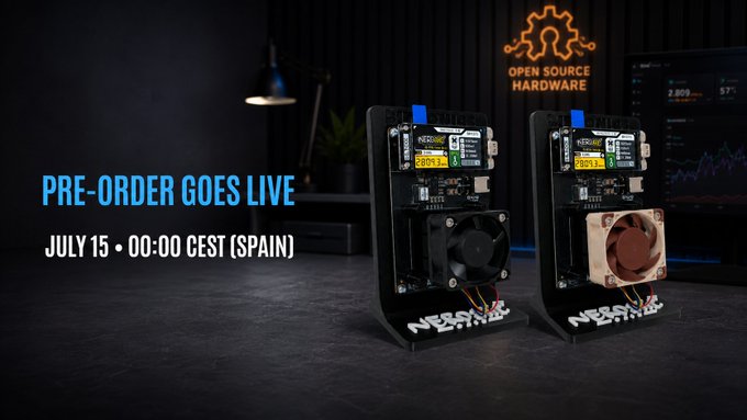 A promotional graphic announcing 'PRE-ORDER GOES LIVE' on 'JULY 15 • 00:00 CEST (SPAIN)' for an 'OPEN SOURCE HARDWARE' device called 'NESDRY V2', showing two units with exposed circuit boards and cooling fans.