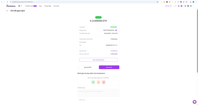 A Remix Wallet web interface in Vietnamese showing a transaction for 0.11000000 ETH with deposit and send options.
