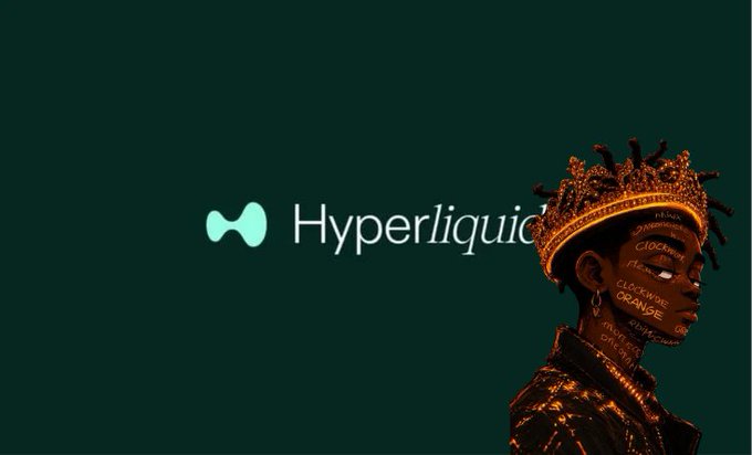 A dark green banner with the 'Hyperliquid' logo and an illustrated character wearing an ornate gold crown with text labels like 'CLICKBAIT' and 'ORANGE' written on the figure.