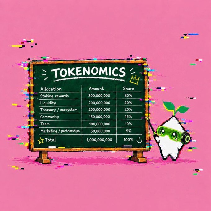 The image features a pixel-art chalkboard displaying "TOKENOMICS" with an allocation breakdown totaling 1,000,000,000 tokens—30% (300M) for staking rewards, 20% (200M) each for liquidity and treasury/ecosystem, 15% (150M) for community, 10% (100M) for team, and 5% (50M) for marketing/partnerships—alongside a cute plant-like NFT character wearing green sunglasses. This visual supports the post's excitement about the @Glrtch NFT's token distribution structure and upcoming mint, reinforcing the bullish sentiment by clearly showing how the project's 1B token supply is allocated.