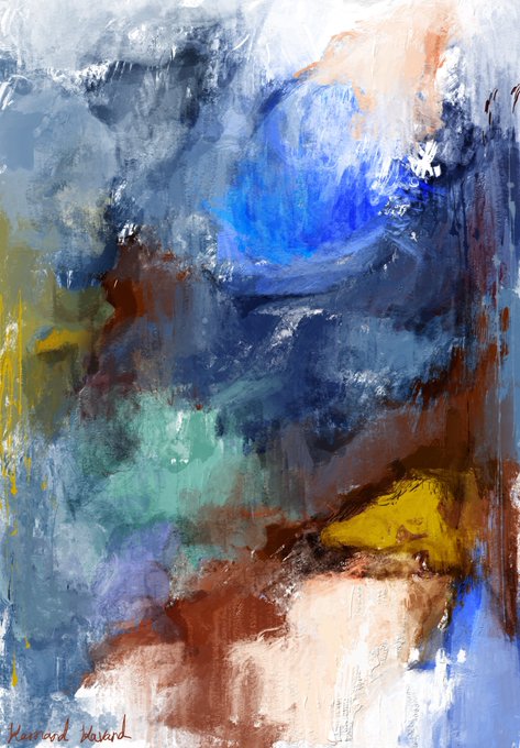 An abstract expressionist oil painting with swirling brushstrokes in blue, brown, white, yellow, and teal, signed 'Howard Nerad' in the bottom left corner.