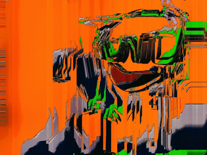 A heavily glitched, distorted image with a vibrant orange background, showing fragmented shapes in green, black, and grey that obscure any clear subject.