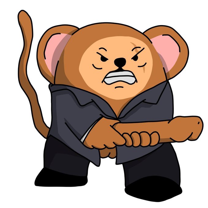 A cartoon illustration of an angry brown monkey wearing a dark suit, pointing aggressively to the side with a fierce expression.
