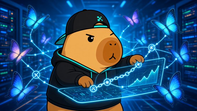 A cartoon capybara wearing a backwards cap and black hoodie types intensely on a glowing holographic laptop displaying financial charts, surrounded by luminous blue butterflies and blockchain network nodes in a dark server room setting—visually representing the "tester" persona from the post who, while sitting on the sidelines, observes founder @cadillion representing @quipnetwork's quantum-resistant security work on a CoinDesk policy stage in D.C.