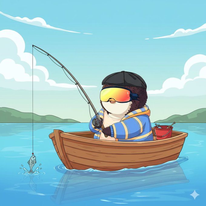 A digital illustration of a cartoon penguin wearing a beanie and ski goggles, holding a fishing rod while sitting in a small wooden rowboat on the water.