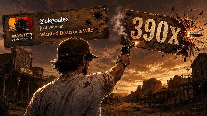 @okgoalex just won on Wanted Dead or a Wild, celebrating a massive 390x payout as shown by the bullet-riddled sign.