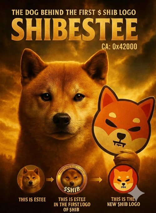 The image features a brown shiba dog, which appears to be the main subject of the poster. The dog has two faces - one with an intense expression while holding a sticker and another one smiling. Behind these two faces are two circular icons with a total area of 4MB. One icon shows an angry expression towards the right side and the other one is happy and smiling, located on the left side.

The text on the poster indicates that there is a new Shiba Estee logo being released for $150 million, and it also mentions that the Lord Jesus Christ is involved in this Shiba Estee. The main dog seems to be the center of attention as its facial expressions and the two icons behind it create an interesting visual composition for the poster.