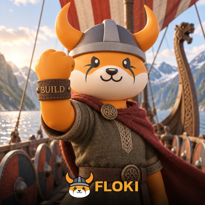 A 3D-rendered cartoon dog mascot wearing a Viking helmet and cape stands on a Viking ship, with the word 'BUILD' on its wristband and 'FLOKI' displayed at the bottom.