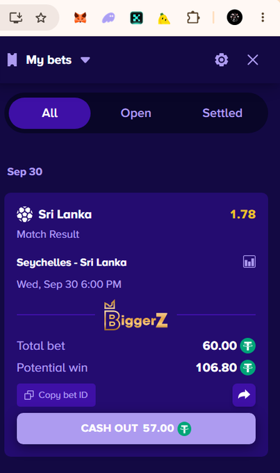 A mobile betting app interface showing a settled 'Match Result' bet on Seychelles - Sri Lanka for 60.00 T with a potential win of 106.80 T, offering a 'CASH OUT 57.00' option.