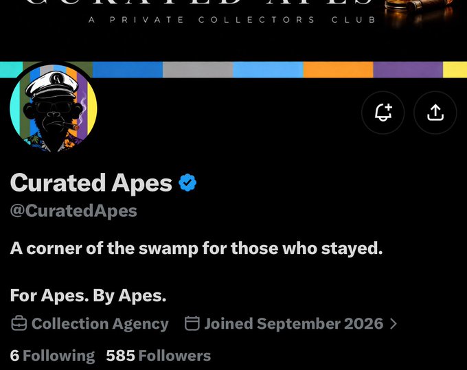 A Twitter/X profile page for 'Curated Apes' (@CuratedApes), a verified account described as 'A corner of the swamp for those who stayed' and 'For Apes. By Apes.', with 585 followers.