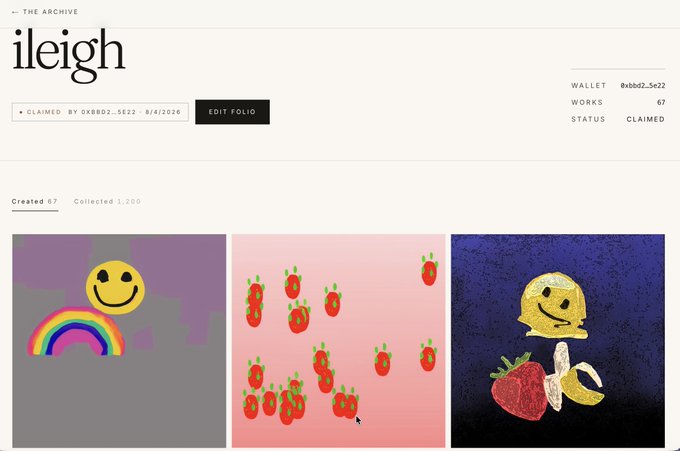 An NFT portfolio page for 'ileigh' (wallet 0x8bb2...5e22) showing a claimed status with three artworks: a smiley face with rainbow, strawberries on pink, and a golden figure with a strawberry.