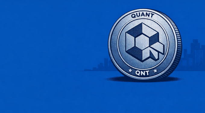 A large coin displaying "QUANT" and "QNT" sits against a blue cityscape background, visually representing the massive trading volume and institutional interest highlighted in the post about Quant's bullish price movement.