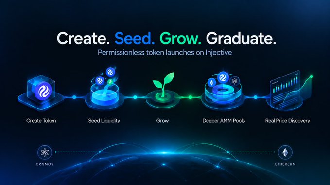 An infographic titled 'Create. Seed. Grow. Graduate.' illustrating permissionless token launches on Injective, connecting Cosmos and Ethereum ecosystems.